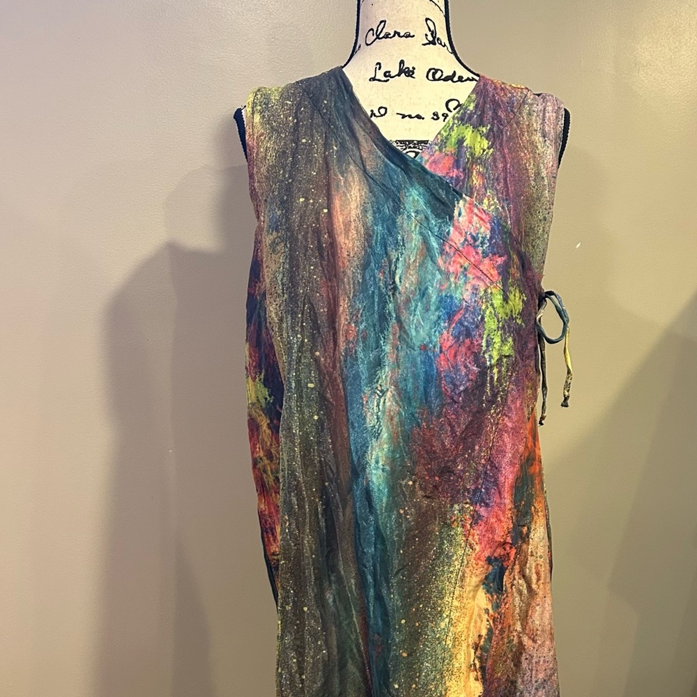 Bryn Walker Zen Taffeta Nebulosa Abstract Print Asymmetrical Hem Wrap Tunic - Picture 12 of 16